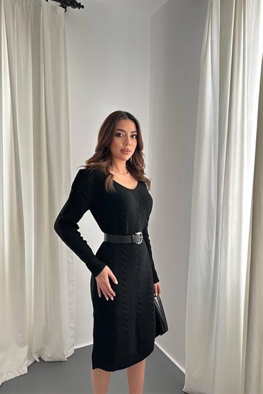 Toptan Siyah Kemerli Triko Elbise