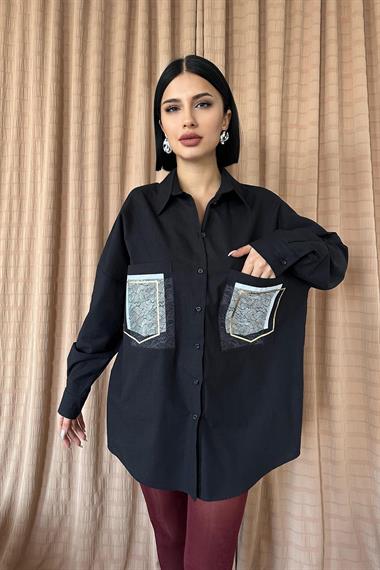 Toptan Siyah Keten Çift Cep Baskılı Gömlek