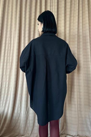 Toptan Siyah Keten Çift Cep Baskılı Gömlek