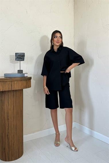 Toptan Siyah Kısa Kollu Keten Gömlek ve Şort Takım