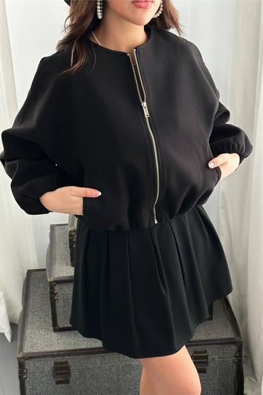 Toptan Siyah Kısa Önü Fermuarlı Bomber Ceket