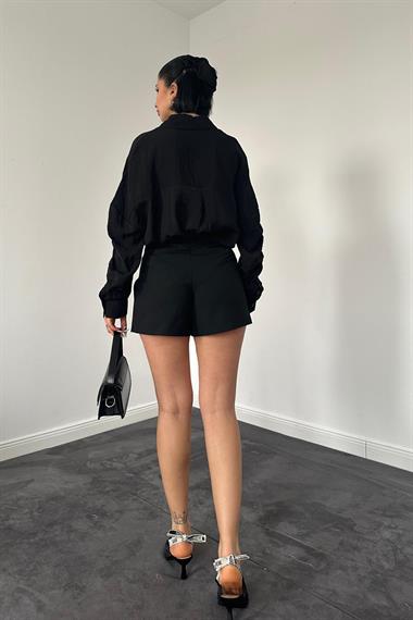 Toptan Siyah Klasik Kalıp Çift Cep Kollar Büzgülü Gömlek