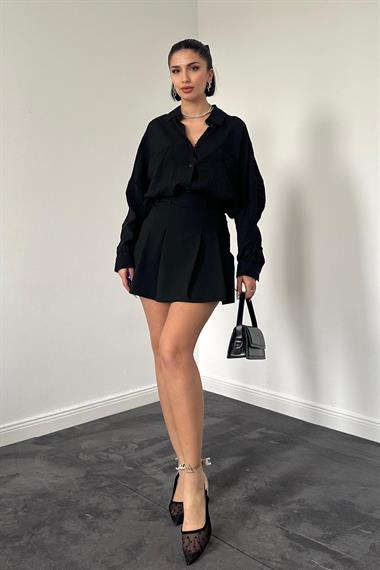 Toptan Siyah Klasik Kalıp Çift Cep Kollar Büzgülü Gömlek