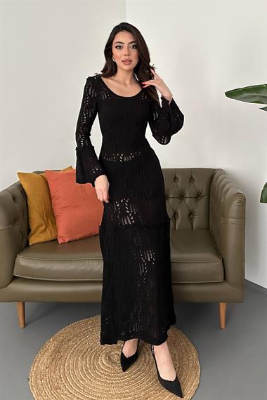 Toptan Siyah Kol Detay Triko Elbise