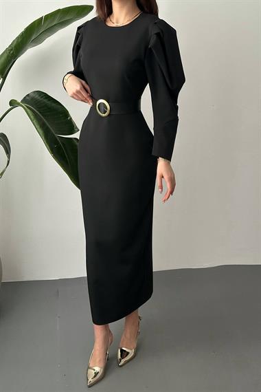 Toptan Siyah Kol Tepesi Pileli Kemerli Elbise