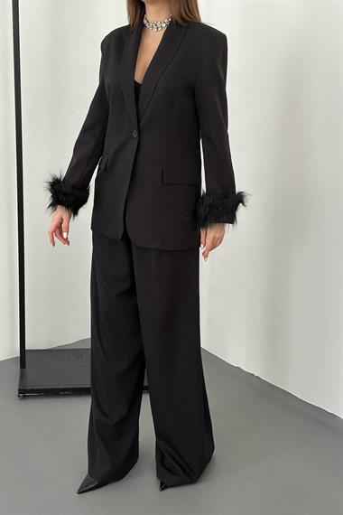 Toptan Siyah Kol Ucu Tüylü Ceket & Pantolon Takım
