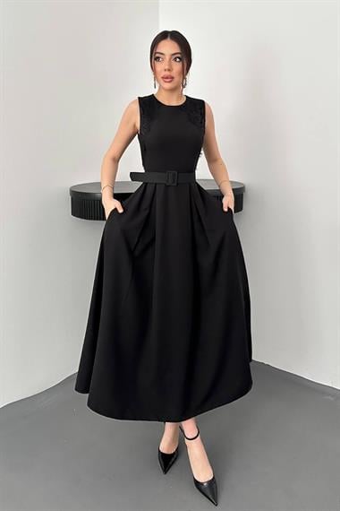 Toptan Siyah Kolevi Dantelli Elbise