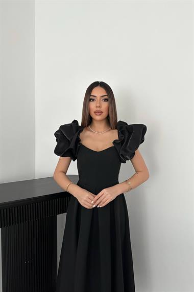 Toptan Siyah Kolları Balon Pileli Atlas Elbise