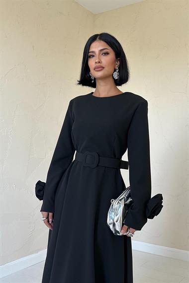 Toptan Siyah Kolları Güllü A-Line Elbise