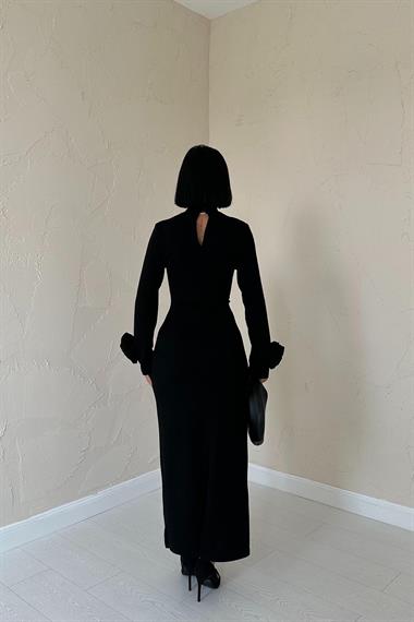 Toptan Siyah Kolları Güllü Triko Elbise