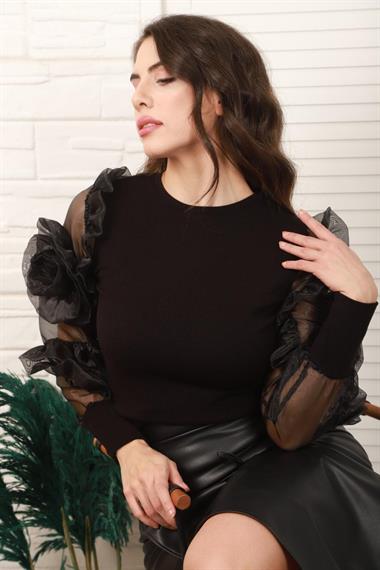 Wholesale Black Organza Sleeve Detailed Blouse