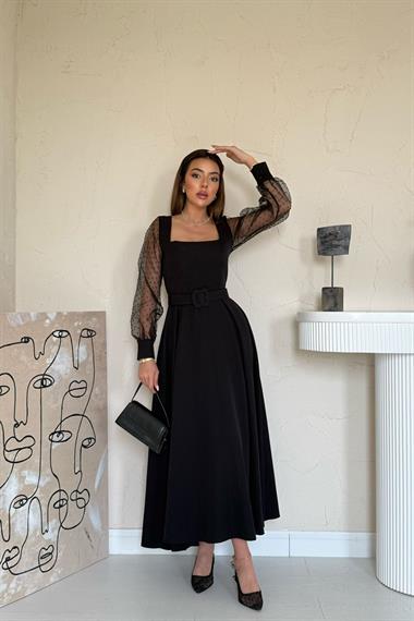Toptan Siyah Kolları Organze Kuplu Elbise