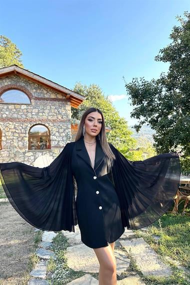 Toptan Siyah Kolları Pilseli Atlas Ceket Elbise