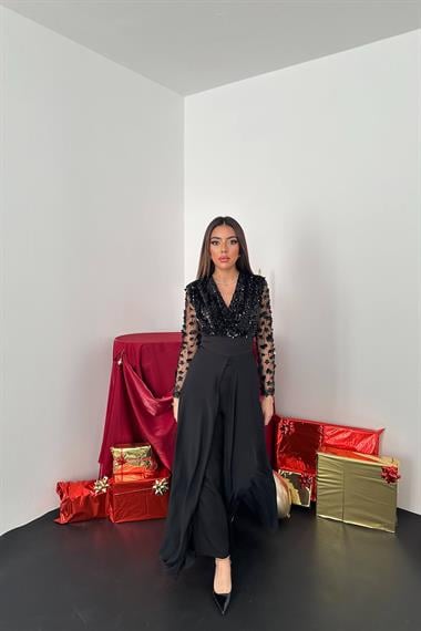 Toptan Siyah Kolları Tül Etekli Tulum