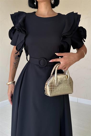 Toptan Siyah Kolları Volanlı Kemerli Elbise