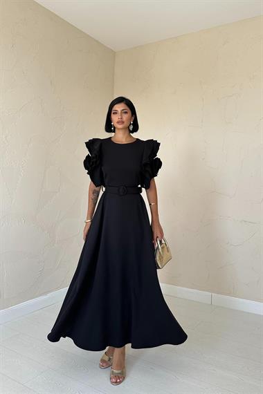 Toptan Siyah Kolları Volanlı Kemerli Elbise