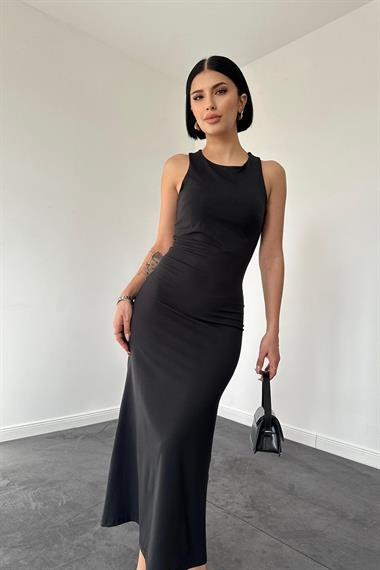 Toptan Siyah Kolsuz Bisiklet Yaka Elbise