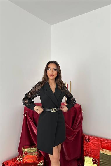 Toptan Siyah Kolu Dantelli Atlas Elbise