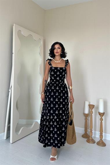 Toptan Siyah Kolu Fırfırlı Bağlamalı Elbise