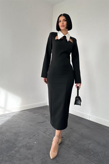Toptan Siyah Kravat Detaylı Elbise