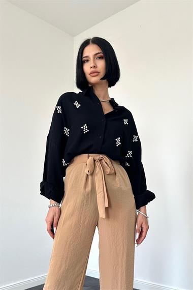 Toptan Siyah Kristal Taşlı Gömlek