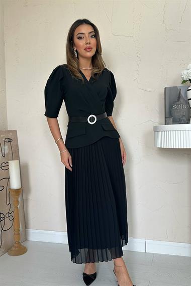 Toptan Siyah Kruvaze Yaka Piliseli Elbise