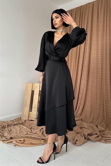 Toptan Siyah Kruvaze Yaka Saten Elbise