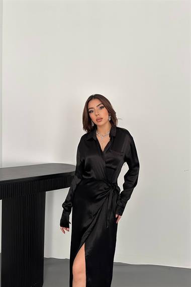 Toptan Siyah Kuşaklı Gömlek Elbise