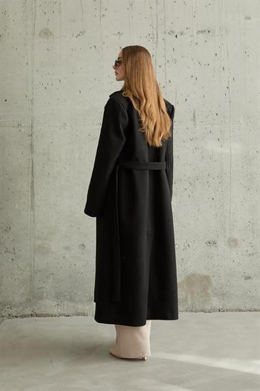 Toptan Siyah Kuşaklı Midi Kaban