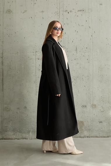 Toptan Siyah Kuşaklı Midi Kaban