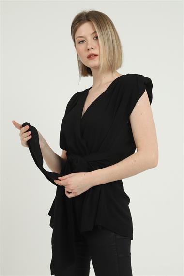 Wholesale Black Belted Zero Sleeve Padded Blouse