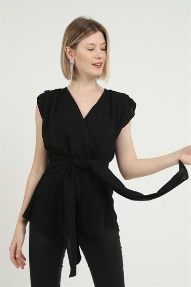 Wholesale Black Belted Zero Sleeve Padded Blouse