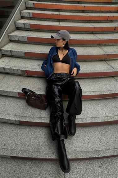 Toptan Siyah Lastikli Deri Pantolon