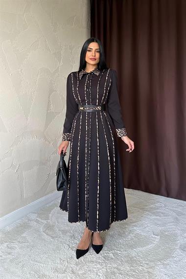 Toptan Siyah Leopar Biyeli Kemerli Elbise