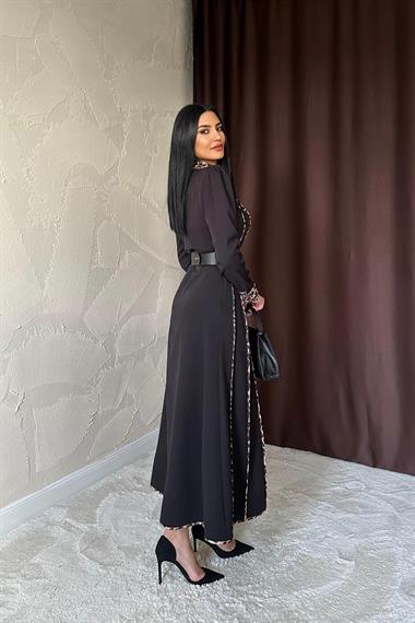 Toptan Siyah Leopar Biyeli Kemerli Elbise