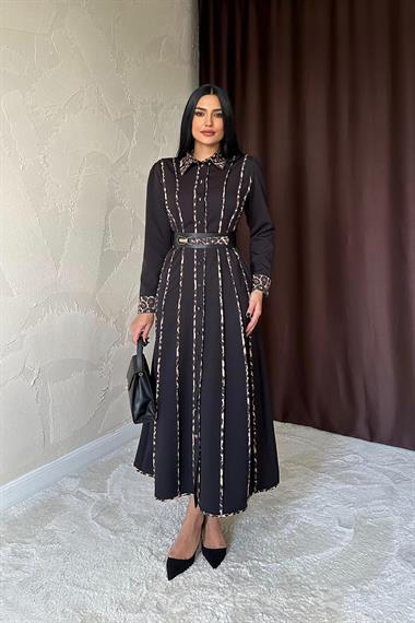 Toptan Siyah Leopar Biyeli Kemerli Elbise