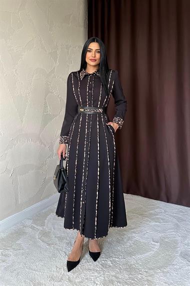 Toptan Siyah Leopar Biyeli Kemerli Elbise
