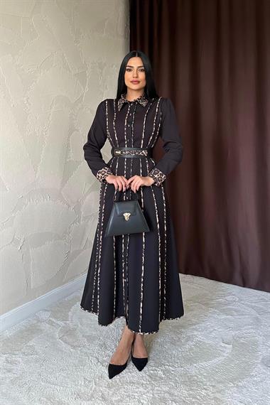 Toptan Siyah Leopar Biyeli Kemerli Elbise