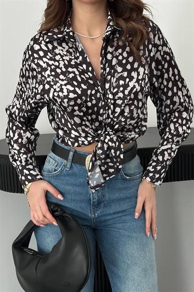 Toptan Siyah Leopar Desenli Saten Gömlek