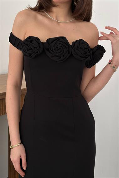 Toptan Siyah Madonna Yaka Güllü Elbise