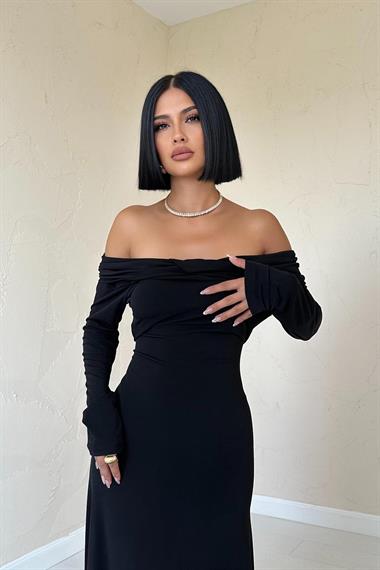 Toptan Siyah Madonna Yaka Sendy Elbise