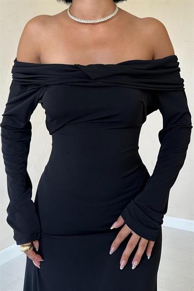 Toptan Siyah Madonna Yaka Sendy Elbise