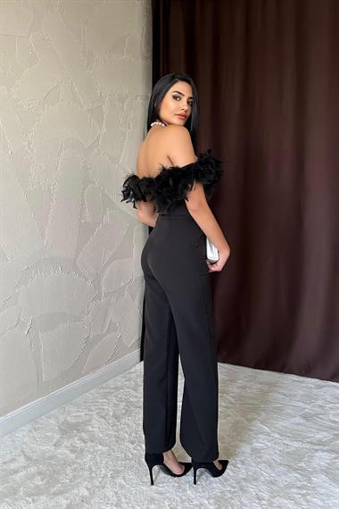 Toptan Siyah Madonna Yaka Tüylü Tulum