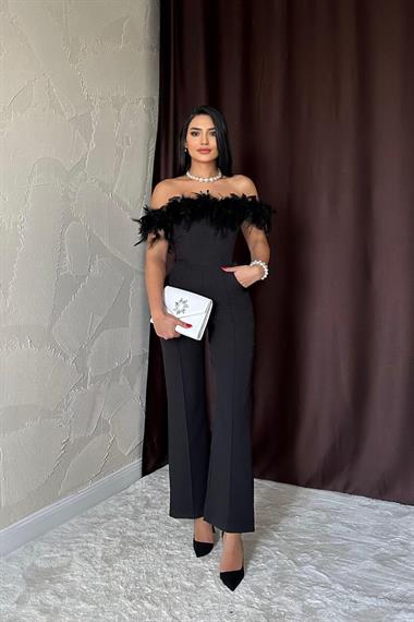 Toptan Siyah Madonna Yaka Tüylü Tulum