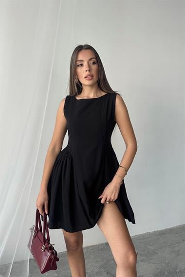 Toptan Siyah Mini Boy Büzgülü Keten Elbise