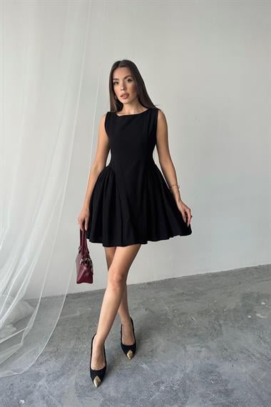 Toptan Siyah Mini Boy Büzgülü Keten Elbise