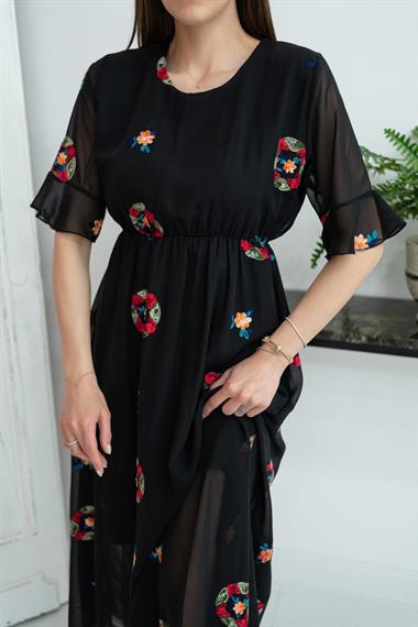 Toptan Siyah Nakış İşlemeli Şifon Elbise