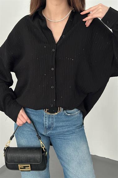 Toptan Siyah Nakışlı Oversize Gömlek