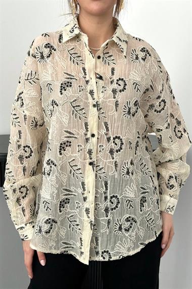 Toptan Siyah Nakışlı Oversize Gömlek