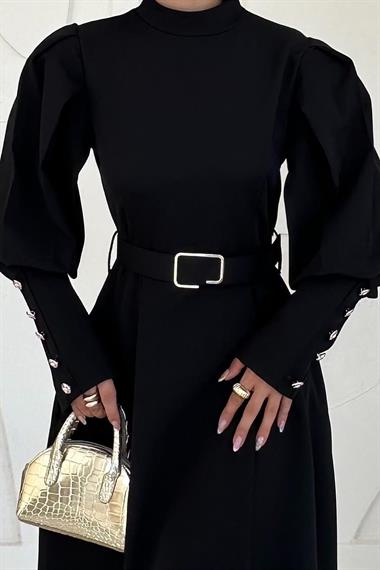 Toptan Siyah Omuzları Vatkalı Kemerli Elbise